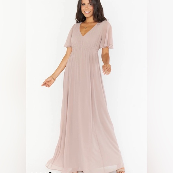 Show Me Your Mumu Emily Empire Maxi Dress Soft Beige Chiffon Size Small NWT - Picture 2 of 8
